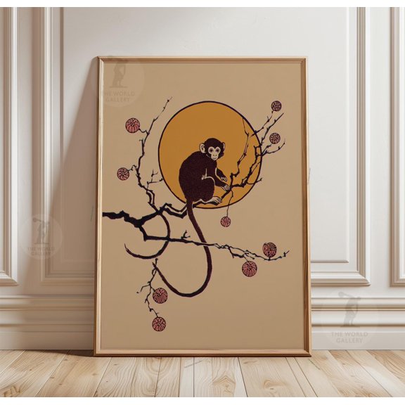 Monkey Japanese Style Art Print Minimalist Nature Illustration Zen Decor