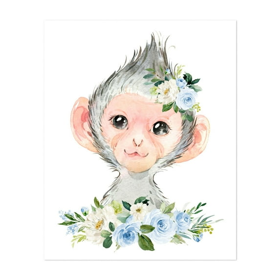 Monkey, Jungle Animals, Safari Animals, Blue Flowers, Boy Nursery - Illustration Watercolor Animal Floral Whimsical Flowers Botanical Unframed Wall Art Print 18 x 24 inches