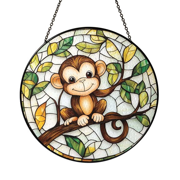 Monkey Jungle Stained Glass Style Acrylic Window Suncatcher Hanging Decor, Tropical Animal Decorative Panel Ornament for Nature Window Art and Wildlife Theme Home Decoration