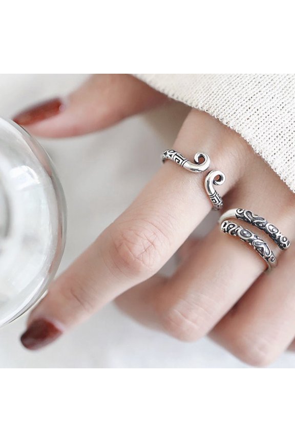 Monkey King Couple Adjustable Rings Retro Silver Finish 2-Piece Set for Lovers