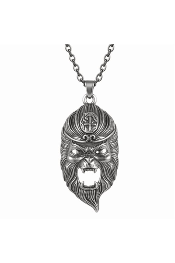 Monkey King Pendant Necklace Stainless Steel 18 Inch Cable Chain Silver Tone Mythical Hero Jewelry