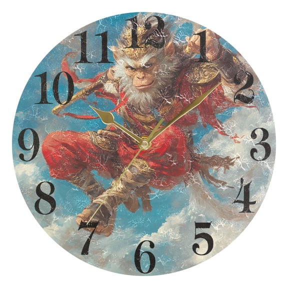Monkey King with Golden Cudgel Round Wall Clock Battery Operated Silent Non-Ticking Bedroom Office Kitchen Home School Decor 10"(Gold)