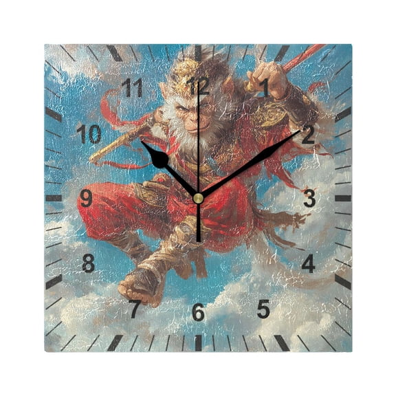 Monkey King with Golden Cudgel Wall Clock Battery Operated Silent Non-Ticking Bedroom Office Kitchen Home School Decor 7.8"(Black)