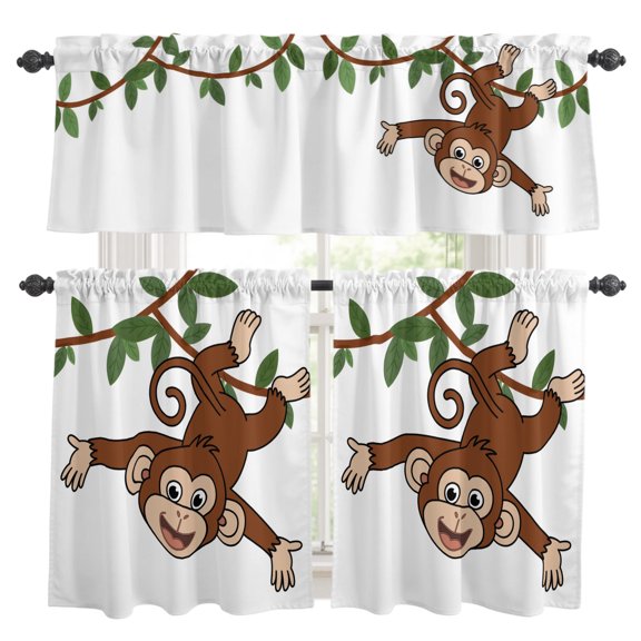Monkey Kitchen Curtains and Valances Set, Vine Monkeys Cartoon Decoration 3 Piece Curtains Valances and Tiers Set Rod Pocket for Kitchen Bathroom Windows 24 Inch