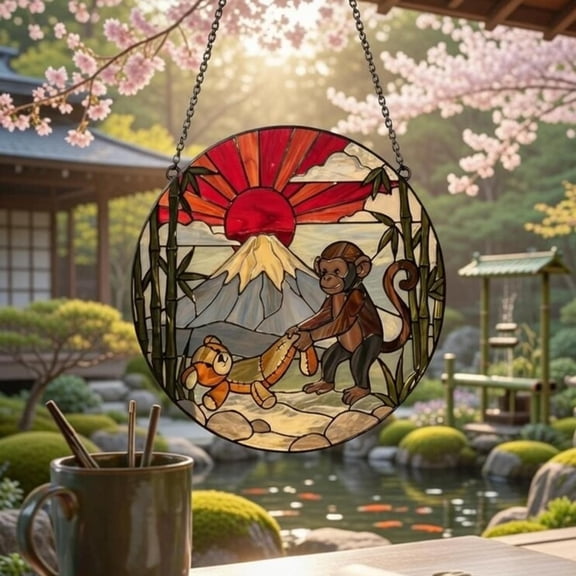 Monkey Leading Teddy Bear Glass, Friendship Window Art, Bamboo Forest Glass Suncatcher, Red Rising Sun, Nursery Window, 7.9 in
