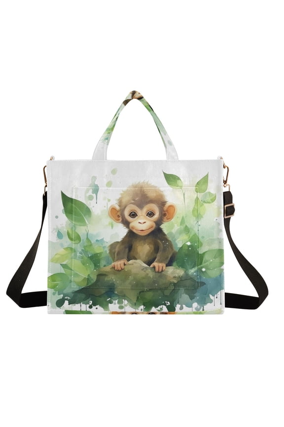Monkey Leaves Corduroy Tote Bag Handbag Large Messenger Bag Shoulder Crossbody Zipper Bag Purse