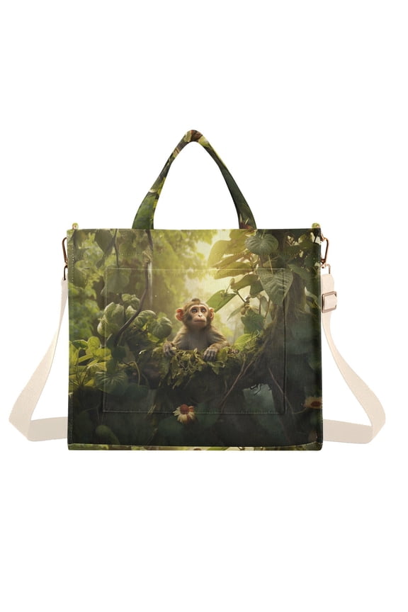 Monkey Leaves Flowers Corduroy Tote Bag Handbag Large Messenger Bag Shoulder Crossbody Zipper Bag Purse