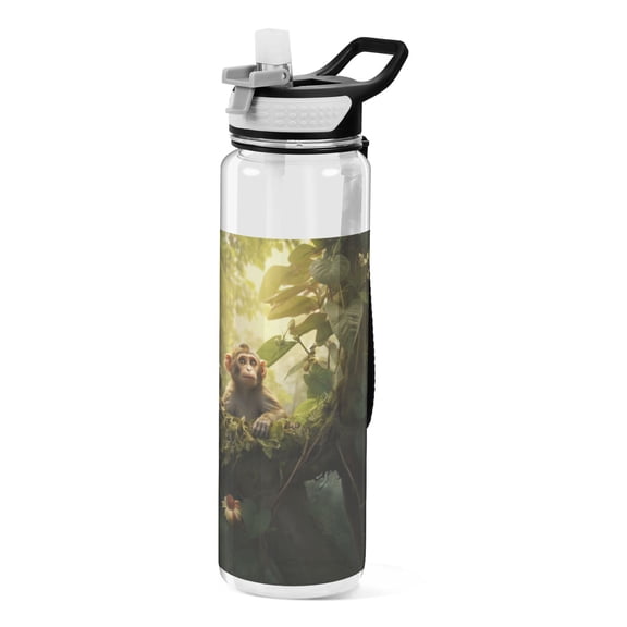 Monkey Leaves Flowers Sports Water Bottle Portable Travel Mug 32oz BPA Free Leak Proof Straw Transparent Tritan for Gym Yoga Cycling Camping
