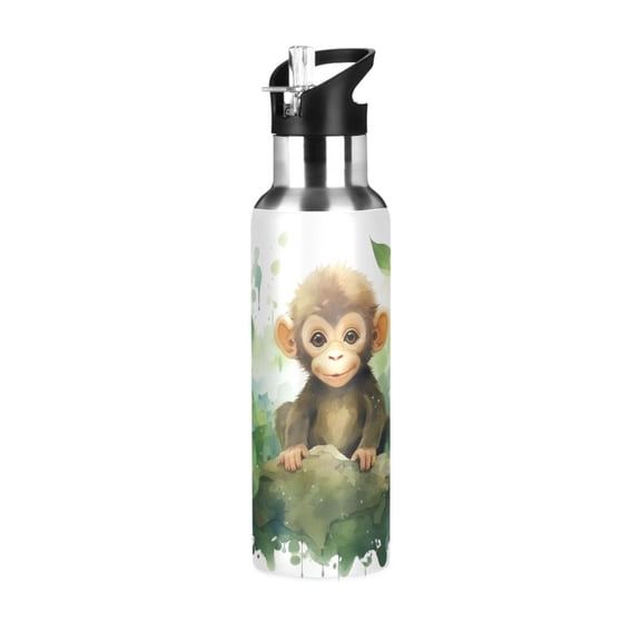 Monkey Leaves Sports Water Bottle with Straw Lid Insulated Stainless Steel Leak Proof BPA Free Thermal Mug with Handle for Gym Yoga Cycling Camping