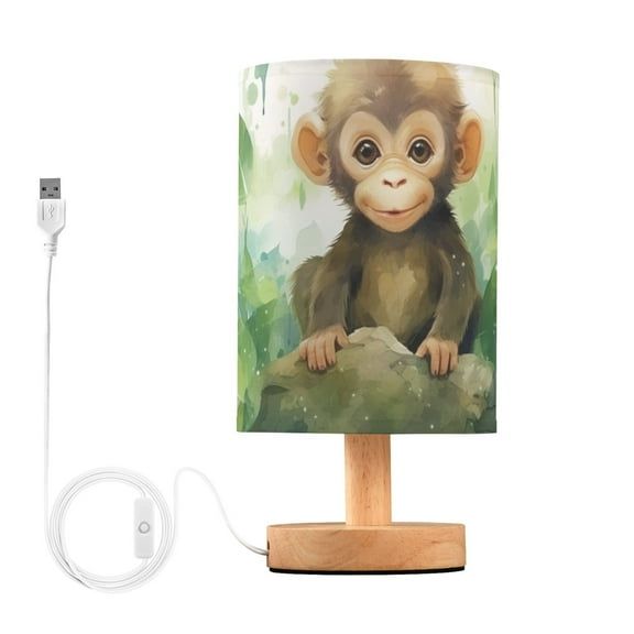 Monkey Leaves Table Lamp USB Bedside Desk Nightstand Lamp Printed Gifts Small Lamp Wood Base for Bedroom Living Room Kids Room College Dorm