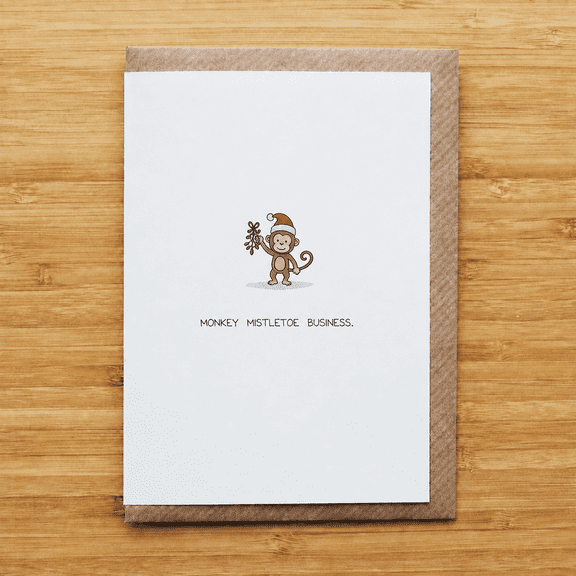 Monkey Mistletoe Business Funny Monkey Christmas Card, Hand Drawn Holiday Greeting Card, 5x7 Inch Blank Inside