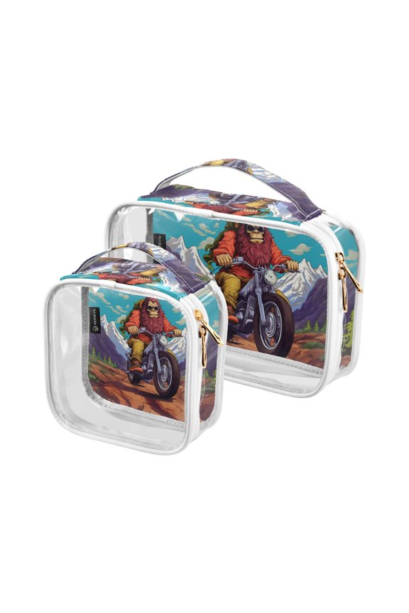 Monkey Motorcycle Mountain Clear Cosmetic Bags with Handles PVC Toiletry Bags Zipper Waterproof Portable for Traveling 2 Pcs