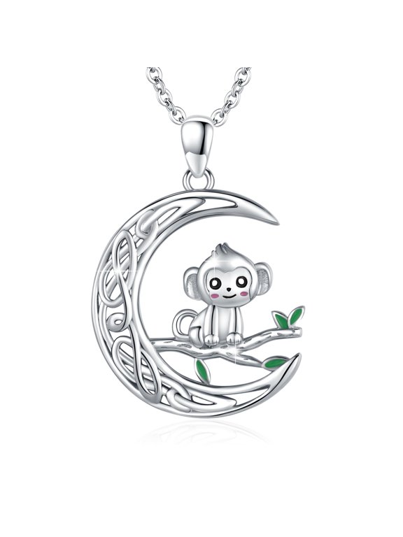 Monkey Necklace 925 Sterling Silver Celtic Moon Necklace Animal Pendant Monkey Jewelry Gift for Ladies Women Mother