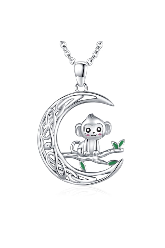 Monkey Necklace 925 Sterling Silver Celtic Moon Necklace Animal Pendant Monkey Jewelry Gift for Ladies Women Mother