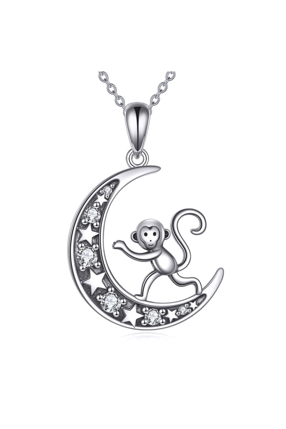 Monkey Necklace Sterling Silver Moon Pendant Necklace Animal Jewelry Gifts for Women
