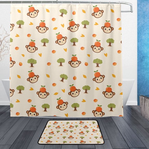 Monkey Orange Pattern Bathroom Accessory Sets Waterproof Shower Curtain with Absorbent Non-Slip Rug