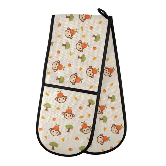 Monkey Orange Pattern Double Oven Mitt 200C Quilted Cotton Lined Kitchen Pot Holder 35x7in