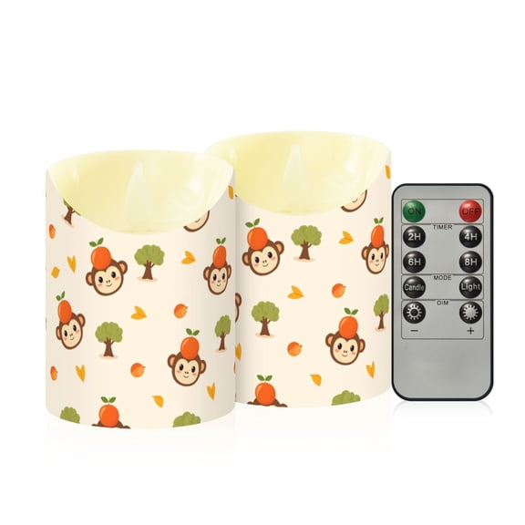 Monkey Orange Pattern Flameless Candles 2 PCS with Remote Realistic Moving Flame LED Tapered Pillar Set for Home Decor