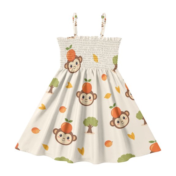 Monkey Orange Pattern Girls' Casual Dresses 2Y-8Y Sleeveless Ruffle Neck for Summer Daily Wear