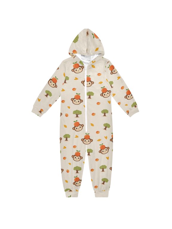 Monkey Orange Pattern One Piece Pajamas Soft Jumpsuit Cozy Sleep and Play Romper Zipper and Pockets 4T