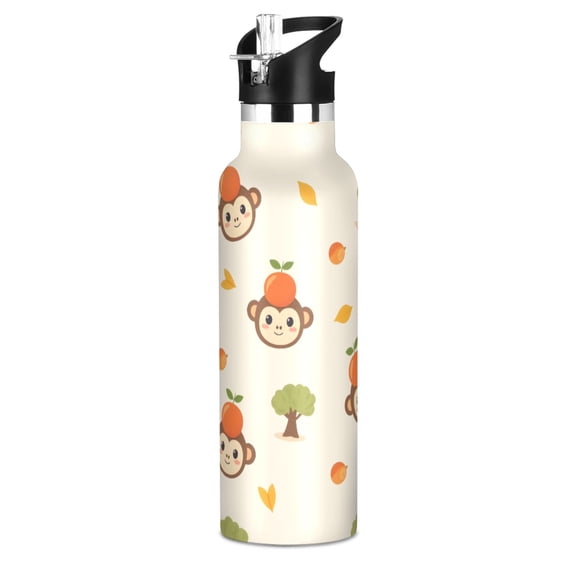 Monkey Orange Pattern Sport Water Bottle for Kids Insulated with Straw for School Outdoor Daily Use