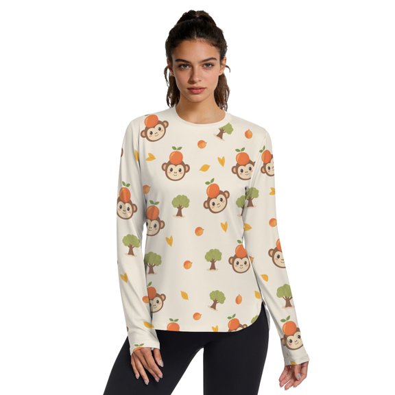 Monkey Orange Pattern Women's Activewear UPF 50+ Sun Protection Shirt Cooling Quick Dry Thumb Hole Top
