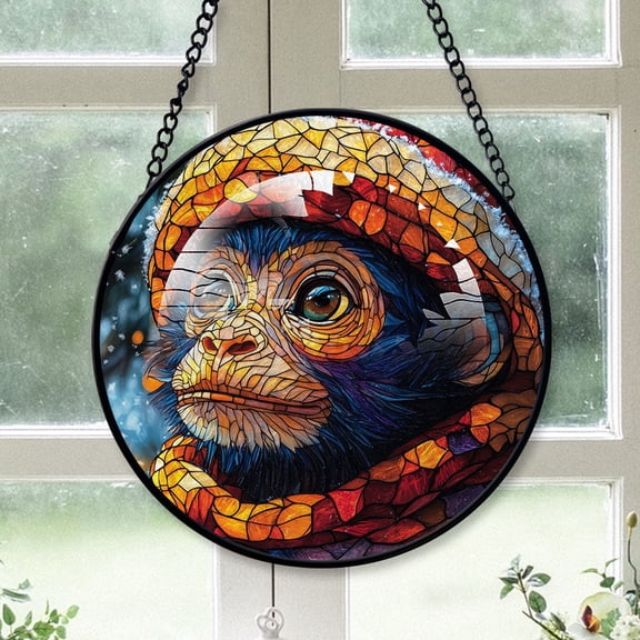 Monkey Ornament Christmas 2025, Monkey Stained Glass Window Hanging Colorful Decorative Sun Catcher for Home and Holiday Decor