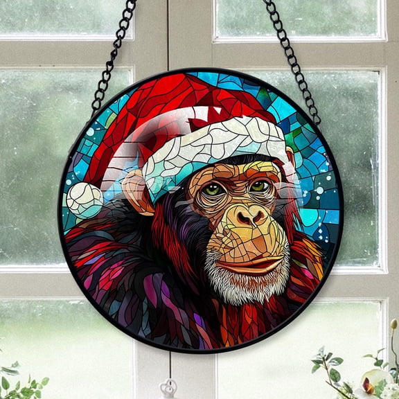 Monkey Ornament Christmas 2025, Monkey Stained Glass Window Hanging Colorful Sun Catcher for Door and Home Decor, Unique Wildlife Art Gift
