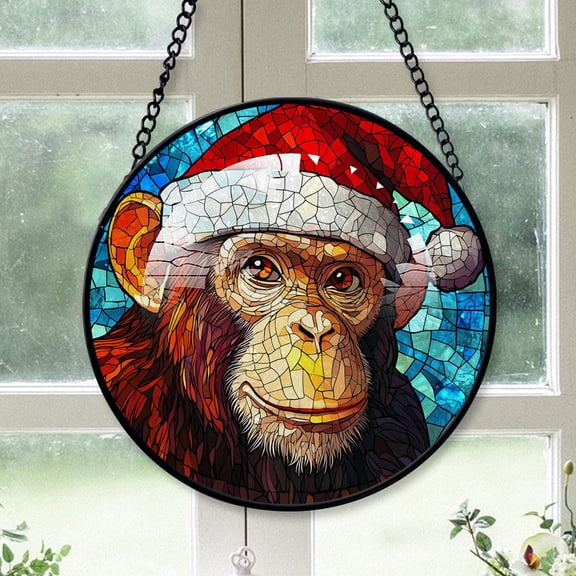 Monkey Ornament Christmas 2025, Monkey Stained Glass Window Hanging Decoration Beautiful Glass Art Ornament for Home and Office