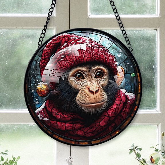 Monkey Ornament Christmas 2025, Monkey Stained Glass Window Hanging Vibrant Glass Art Ornament, Great Gift for Lovers