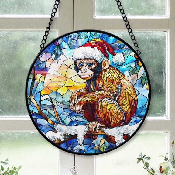 Monkey Ornament Christmas 2025, Monkey Stained Glass Window Panel Handcrafted Art Sun Catcher for Bright and Cheerful Homes
