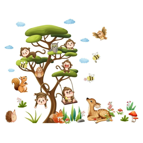 Monkey Owl Forest Tree Wall Sticker Decorations for Living Room & Nursery, Easy Peel & Stick Mural for Bedroom & Playroom, Kit Included