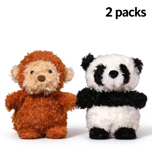 Monkey-Panda 2 Pack Cute Animal Plush Toys Set, Soft Curly Stuffed Animal Plush Dolls, Assorted Styles for Room Decor & Gift Gift Birthday or Christmas gift