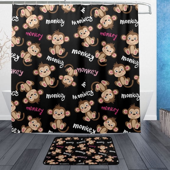 Monkey Pattern Bathroom Accessory Sets Waterproof Shower Curtain with Absorbent Non-Slip Rug