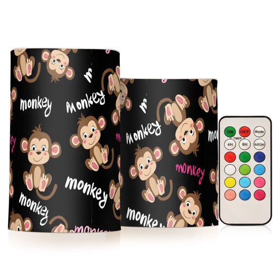 Monkey Pattern Flameless LED Candle Set with Remote, Battery Operated Color Changing Pillar Candles, Set of 2