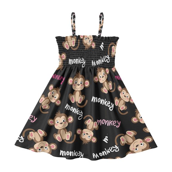 Monkey Pattern Girls' Casual Dresses 2Y-8Y Sleeveless Ruffle Neck for Summer Daily Wear