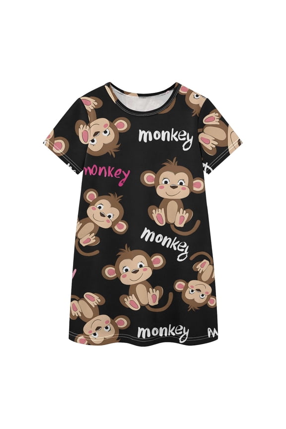 Monkey Pattern Girls' Casual Dresses Short Sleeve Cotton Dress for School Daily Wear 2T