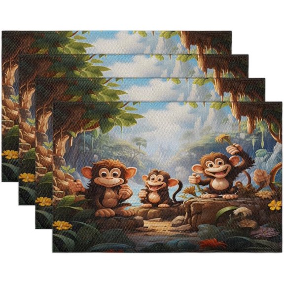 Monkey Pattern Placemats Set of 4 Linen Fabric Place Mats Heat Resistant Machine Washable Placemats Non-Slip Place Mat for Kitchen Dining Table
