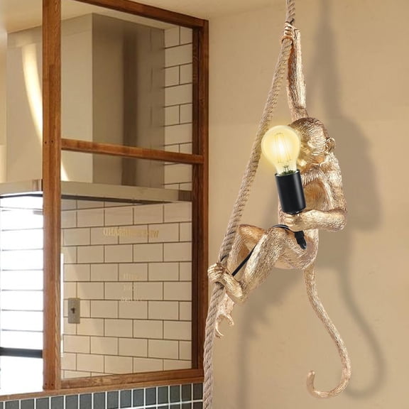 Monkey Pendant Lights Creative Chandeliers Lights Loft Vintage Hemp Rope Monkey Pendant Light Fixture Industrial Retro Pendant Lamp E27 for Dining Living Room Bedroom Bar Cafe (Gold)