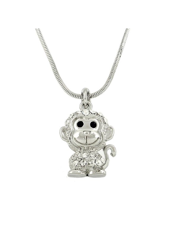 Monkey Pendant Necklace Rhinestone Crystal Rhodium High Polished J0005