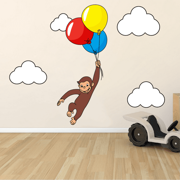 Monkey Playing Balloon Cute Cartoon Character Graphic Decal Sticker Vinyl Mural Baby Kids Room Bedroom Nursery Kindergarten School House Home Design Wall Art Decor Removable Peel and Stick 30x15 inch