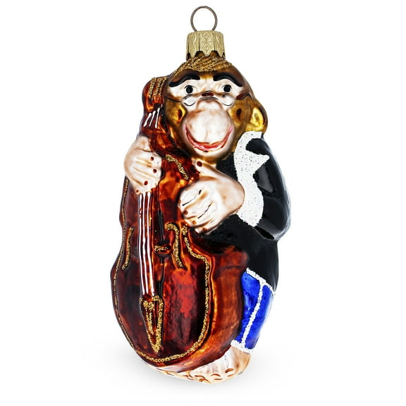 Musician Monkey Playing Cello Glass Christmas Ornament