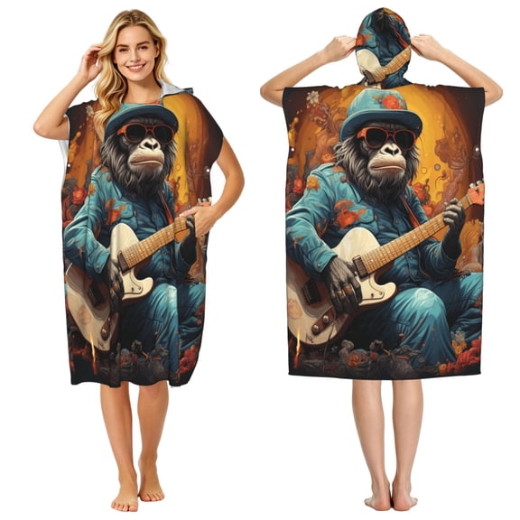 Monkey Playing Guitar Cool Adult Hooded Beach Towel Changing Robe, Surf Poncho Towel for Surfing, Swimming, Camping