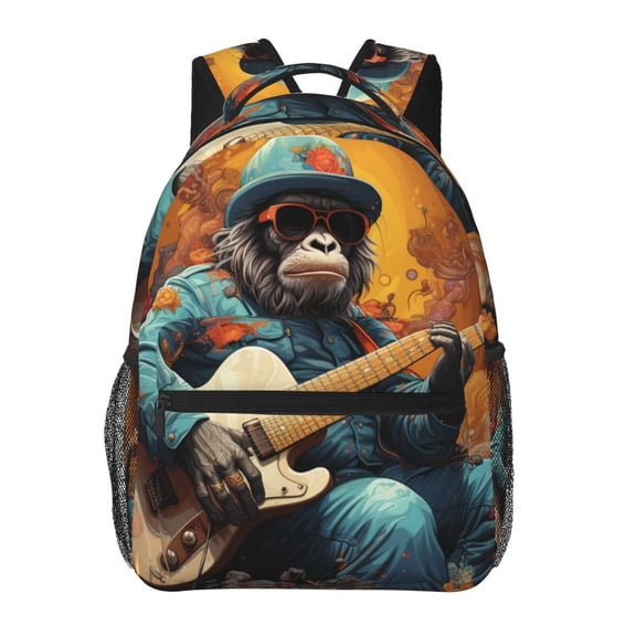 Monkey Playing Guitar Cool Backpack Casual College Bag Zipper Laptop Daypack Hiking Rucksack Travel