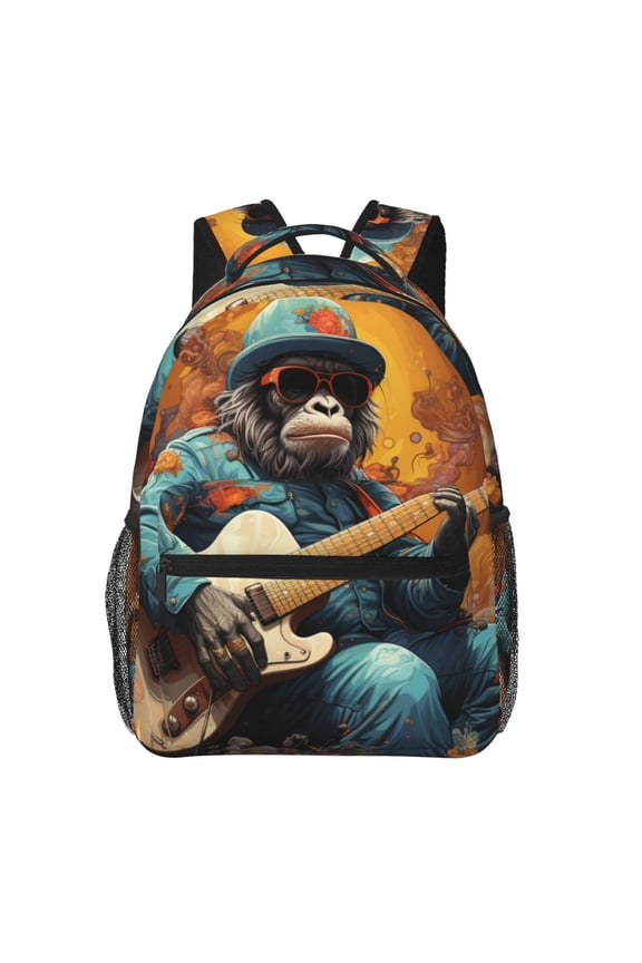 Monkey Playing Guitar Cool Backpack Casual College Bag Zipper Laptop Daypack Hiking Rucksack Travel