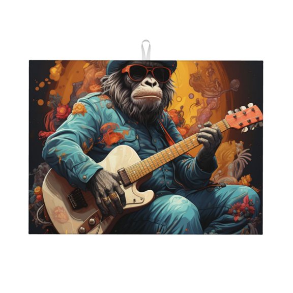 Monkey Playing Guitar Cool Large Kitchen Drying Mat 18x24 Inch Ultra Absorbent Dish Drying Mats Foldable Countertop Protector