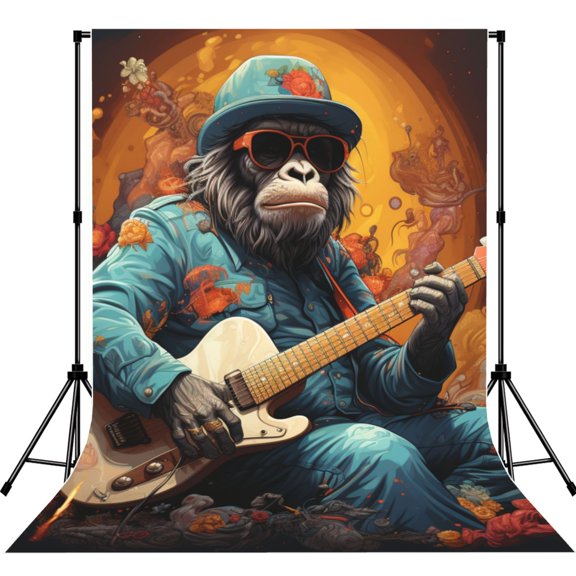 Monkey Playing Guitar Cool Photography Backdrop 5x7Ft Background for Photo Studio Video Recording Birthday Party Wedding Home Decor