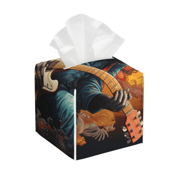 Monkey Playing Guitar Cool Square Faux Leather Tissue Box Cover, PVC Paper Holder with Hook and Loop Closure