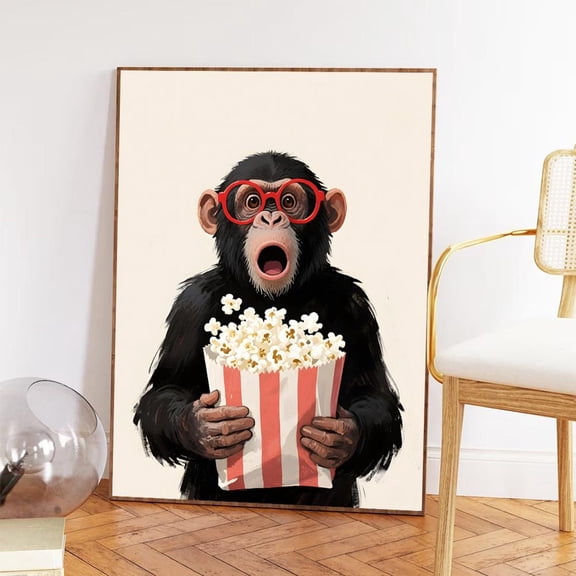 Monkey Poster Popcorn, Red Glasses, Animal Wall Art Home Decor, 24x36 UNFRAMED