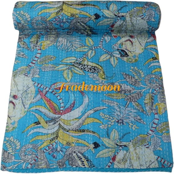 Monkey Print Cotton Kantha Quilt , Bedspread , Throw Blanket Size (Twin Size - 60" x 90")